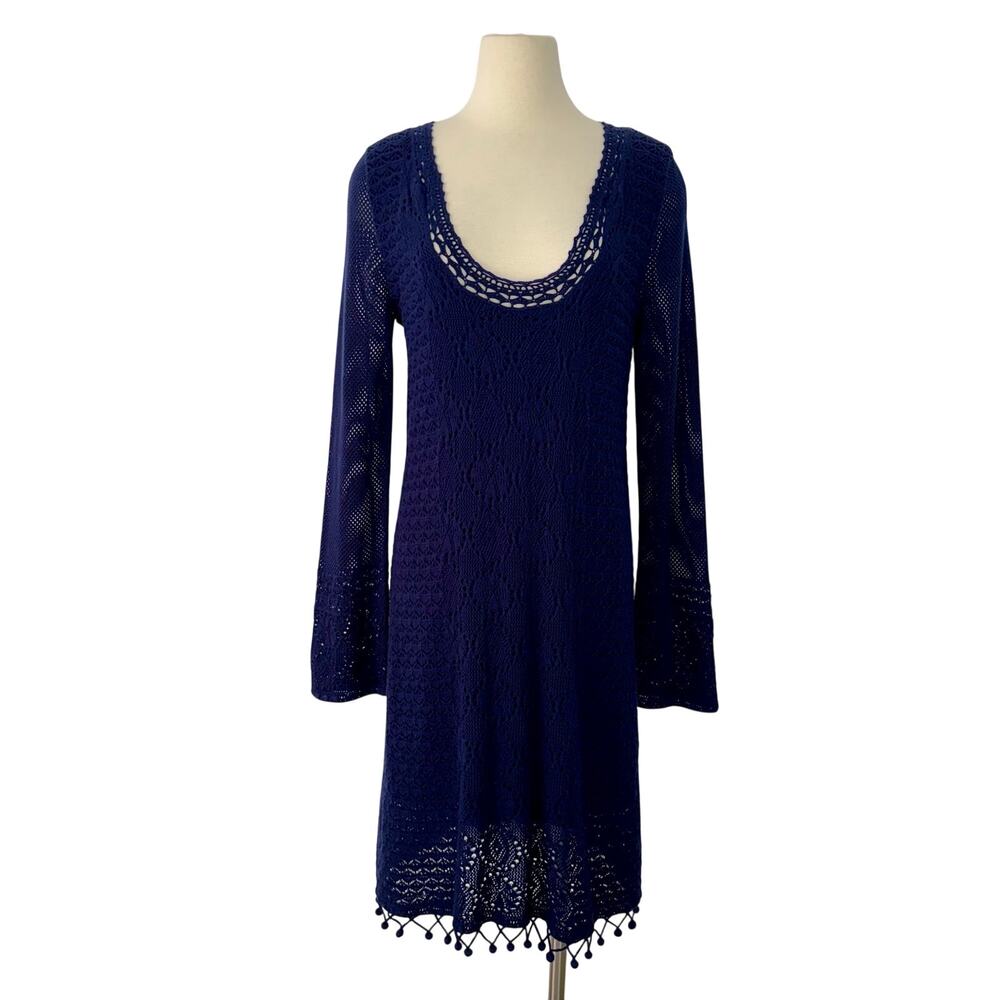 Lilly Pulitzer Athena Crochet Knit Sweater Dress Long Sleeve in True Navy L NWT